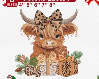 May include: A Christmas embroidery design for machines featuring a Highland cow with a leopard print bow. The design includes gifts, ornaments, and gingerbread men. The text reads "CHRISTMAS EMBROIDERY DESIGN FOR MACHINES" and lists sizes from 4" to 8".