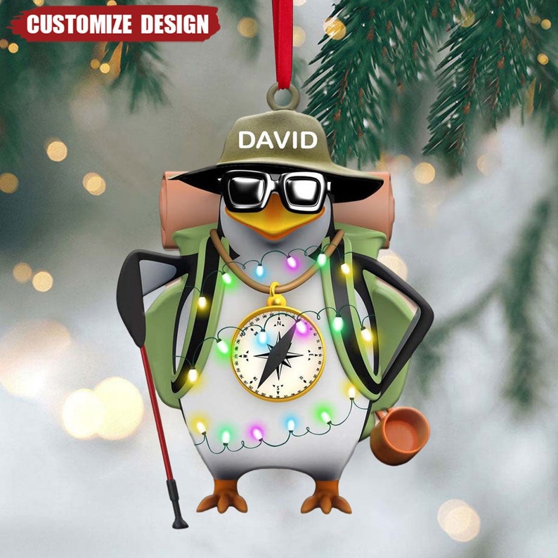 Custom Name Penguin Ornament, Climbing Penguin Ornament, Xmas Tree