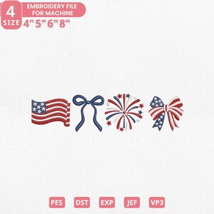 4th Of July Embroidery Design, American Coquette Bow Embroidery File, American Girly Embroidery, Instant Download, 4 Sizes, Pes Dst Jef Exp