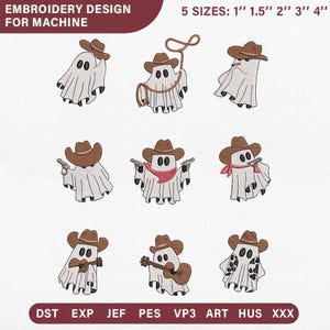 May include: A collection of nine machine embroidery designs featuring white ghosts wearing brown cowboy hats. The ghosts are depicted in various poses, including holding lassos, pistols, guitars, and wearing bandanas. Text reads: EMBROIDERY DESIGN FOR MACHINE, 5 SIZES: 1" 1.5" 2" 3" 4", DST, EXP, JEF, PES, VP3, ART, HUS, XXX.