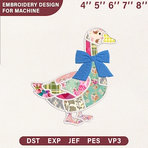 May include: An embroidery design for a machine featuring a patchwork goose with a blue bow. The goose is composed of various floral and patterned fabrics. The design is available in sizes 4" to 8". Text at the top reads "EMBROIDERY DESIGN FOR MACHINE".