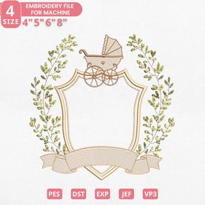 Peut inclure: Un motif de broderie avec un landau, un écusson et une bannière, entourés de branches d'olivier. Le motif comprend le texte "EMBROIDERY FILE FOR MACHINE" et des tailles de 10cm, 13cm, 15cm et 20cm. Formats de fichiers : PES, DST, EXP, JEF et VP3.