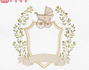 Baby Carriage Frame Embroidery Design, Vintage Stroller Wreath Monogram Embroidery File, Elegant Baby Shower, Instant Download Pes Dst Exp