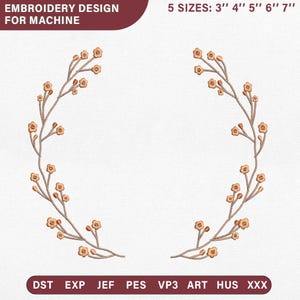 Puede incluir: Diseño de bordado a máquina con dos ramas simétricas con pequeñas flores y capullos naranjas. El texto dice: EMBROIDERY DESIGN FOR MACHINE, 5 SIZES: 3" 4" 5" 6" 7", y los formatos: DST, EXP, JEF, PES, VP3, ART, HUS, XXX.