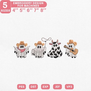 May include: Embroidery design for machines featuring four cartoon ghosts dressed as a cowboy, a cow, and a musician. The design includes five sizes: 4", 5", 6", 7", and 8". The design is available in PES, DST, EXP, JEF, and VP3 formats.
