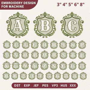 May include: An embroidery design set featuring the alphabet and numbers, each within a decorative shield. The letters and numbers are in a serif font, with a light green fill and a darker green border. The design includes sizes 3", 4", 5", 6", and 8".