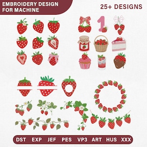 May include: A digital collection of over 25 strawberry-themed embroidery designs for machines. The set includes individual strawberries, a strawberry-filled basket, a jar of jam, a cupcake, a slice of cake, strawberry vines, and a strawberry wreath.