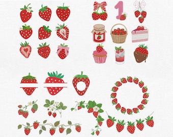 Coquette Strawberry Embroidery Design Bundle, Berry First Birthday Split Frame, Sweet One Fruit Art Digital Download Pes Dst Jef Vp3