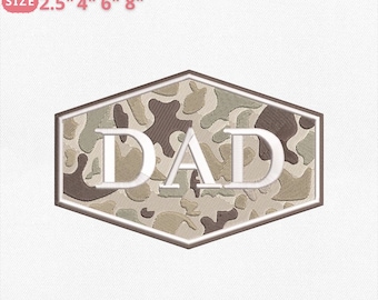 May include: An embroidery file design featuring the word "DAD" in white, set against a camouflage pattern within a hexagonal frame. The design is available in sizes 2.5", 4", 6", and 8".