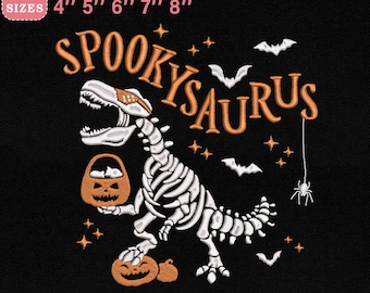Spookysaurus Embroidery Design, Dinosaur Skeleton with Halloween Elements Machine Embroidery File, Instant Download Dst Pes Exp Jef Vp3