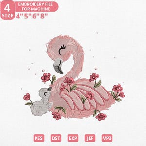 Flamingo Mom and Baby Embroidery Design, Floral Flamingo Machine File, Cute Bird File for Machine Embroidery, Instant Download, 4 Sizes, PES