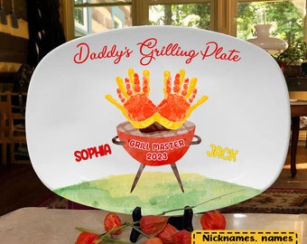 Custom Dads Grilling Plate Handprints, Personalized Daddys Grilling Plate Father's Day, Custom Handprint Plate Gift, Serving Plate For Dad