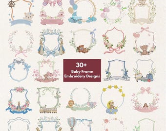 Baby Frame Embroidery Bundle 30+ Designs, Newborn Floral Wreath Embroidery File, Baby Shower Nursery Pattern, Instant Download