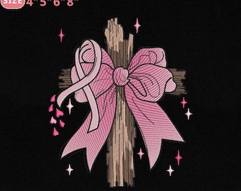Diseño de bordado de cinta en cruz, lazo rosa atado en cruz rústica de madera, archivo para máquina, 4 tamaños, descarga instantánea, Dst Pes Jef Exp Vp3