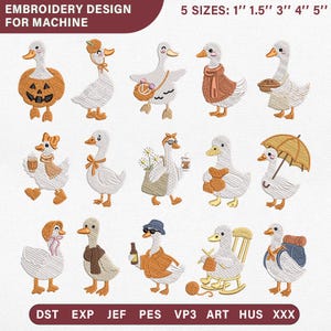 Puede incluir: Conjunto de diseños de bordado a máquina con quince gansos blancos en diversas actividades y atuendos, incluyendo un disfraz de calabaza, bufanda y paraguas. Texto: EMBROIDERY DESIGN FOR MACHINE y 5 SIZES: 1" 1.5" 3" 4" 5". Formatos: DST, EXP, JEF, PES, VP3, ART, HUS, XXX.