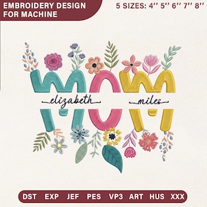 May include: Machine embroidery design with the word "MOM" in teal, pink, and yellow, decorated with flowers. Includes the names "Elizabeth" and "Miles". Available in 5 sizes: 10cm, 13cm, 15cm, 18cm, and 20cm.