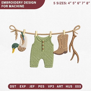Diseño de bordado de tendedero para bebé niño con temática de caza, archivo de bordado a máquina de bota vaquera con cuernos de pato ánade real, regalo para baby shower de recién nacido en el campo (Pes Dst)