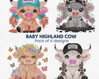 Baby Highland Cow Embroidery Design Bundle - Set of 4 Cute Cow Machine Embroidery Files - Instant Download - Pes, Dst, Jef, Exp, Vp3