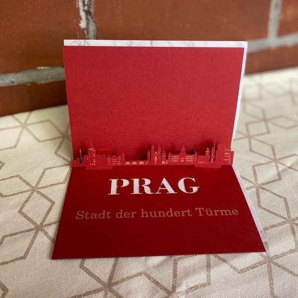 Klappkarte Prag- 3D Skyline verschiedene Städte - Geschenkkarte / Reisegutschein Karte zum Klappen mit Silhouette Prag