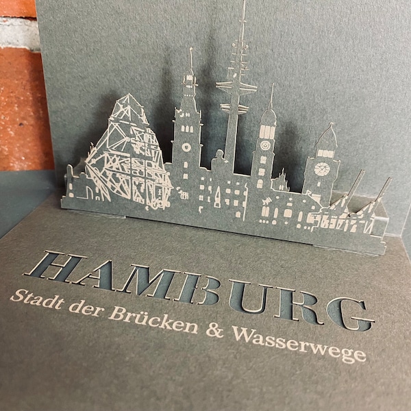 Klappkarte Hamburg- 3D Skyline verschiedene Städte - Geschenkkarte / Reisegutschein Karte zum Klappen mit Silhouette Hamburg