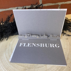 Biglietto pieghevole Flensburg - Skyline 3D di varie città - buono regalo / buono viaggio da piegare con silhouette Flensburg