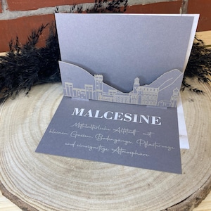 Biglietto pieghevole Malcesine- skyline 3D varie città - buono regalo / buono viaggio da piegare con silhouette Malcesine Lago di Garda