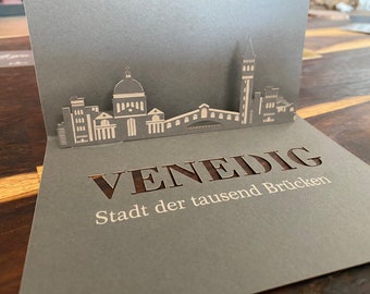 Klappkarte Venedig-  3D Skyline verschiedene Städte - Geschenkkarte / Reisegutschein Karte zum Klappen mit Silhouette Venedig