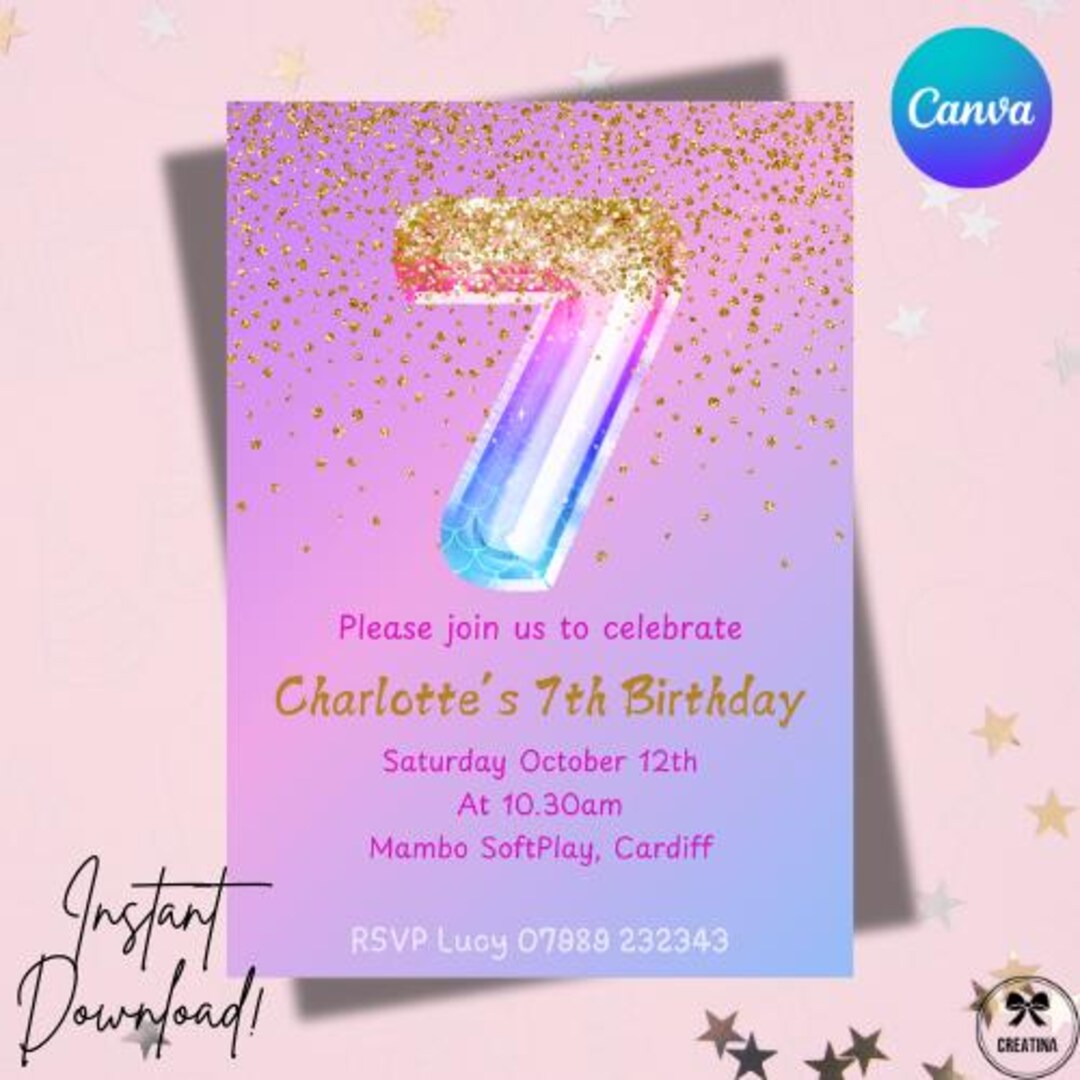 Personalised Girls' Digital Birthday Invitation | Editable 7th Party ...