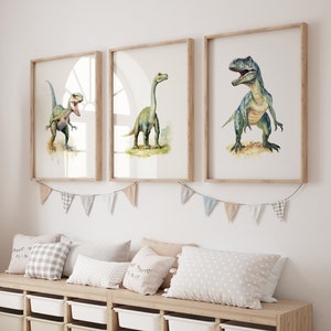 Decoración de dormitorio de dinosaurios - Arte de pared de dinosaurios imprimible - Impresiones de dinosaurios - Arte de pared de T-Rex - Impresiones para habitaciones de niños pequeños - Juego de 3 impresiones