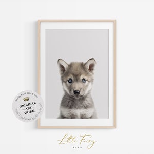 Wolf Puppy Wall Art Print ~ Woodland Animal Nursery Decor ~ Printable Digital Download ~ Grey Background