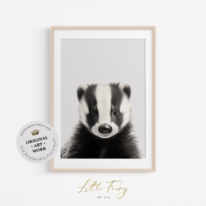 Baby Badger Wall Art Print ~ Woodland Animal Nursery Decor ~ Printable Digital Download ~ Grey Background
