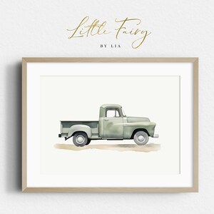 May include: A watercolor painting of a vintage green pickup truck on a white background. The truck has a wooden bed and is surrounded by a light brown watercolor wash.