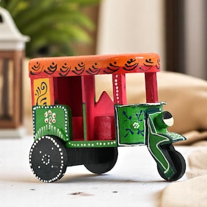 Handcrafted Wooden Tuk-Tuk Model – Colorful Hand-Painted Auto Rickshaw for Home & Office Décor