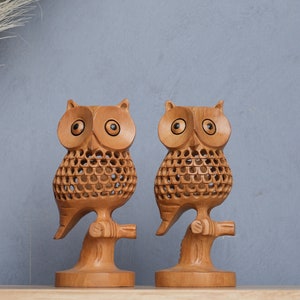 Hand Carved Owl with Base Decorative Show piece Engraved glazed Hand Crafted Wooden Idol