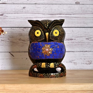 Artisanal Wooden Owl Sculpture with Turquoise Chip Inlay Handcrafted Elegance for Your Home Décor