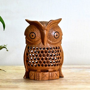 Wooden Owl Sculpture with Exquisite Jali Work for Unique Home Accent