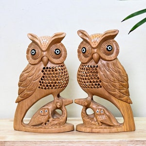 Set OF 2 Handcrafted Wooden Owl with Baby Statue | Exquisite Home Decor | Natural Wood Art