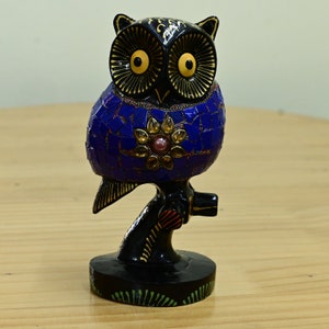 Handcrafted Wooden Owl Statue with Turquoise Chips Embellishments