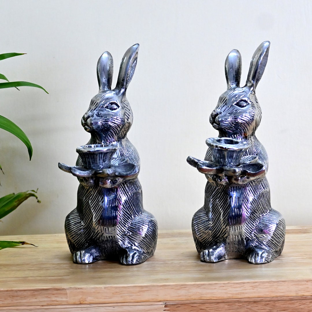 Metal Rabbit Pic Set of 2 Metal Rabbit Sculptures With Petite Pots - A Whimsical ...