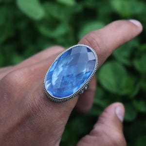 Blue Quartz Gemstone Ring, 925 Silver Ring, Quartz Ring, Blue Glass Stone Ring, Charm Ring, Women Ring, Boho Jewelry, Oval Cut Blue Quartz,