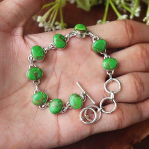 Green Copper Turquoise Bracelet, 925 Silver Bracelet, Oval Stone Bracelet, Chain Bracelet, Women Bracelet, Handmade Bracelet, Gift For Her**