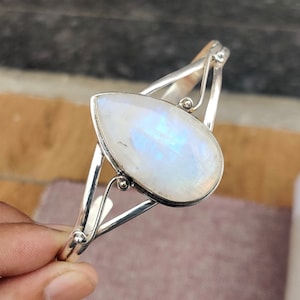 Rainbow Moonstone 925 Sterling Silver Open Cuff Bangle - June Birthstone