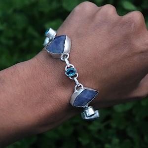 Raw Tanzanite With Blue Topaz Gemstone Bracelet, 925 Silver Bracelet, Chain Bracelet, Women Bracelet, Two Type Stone Bracelet, Gift For Her,