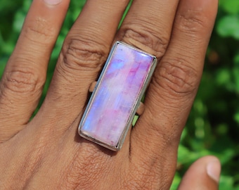 Pink Rainbow Moonstone Ring, 925 Silver Ring, Pink Stone Ring, Gemstone Ring, Handmade Jewelry Ring, Personalized Gift Ring Moonstone Ring,.