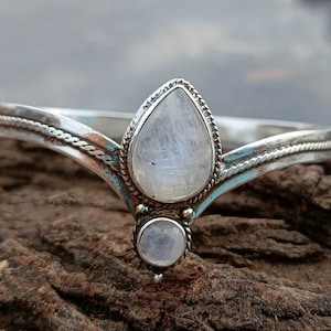 Handmade Three Stone Rainbow Moonstone Sterling Silver Bangle
