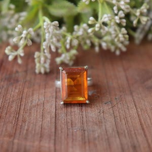 Emerald Cut Citrine Ring: 925 Sterling Silver Charm Ring