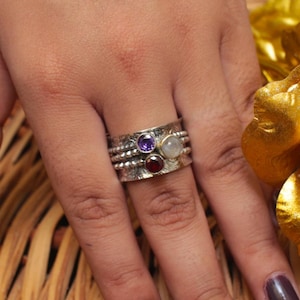 Multiple Gemstone Ring, 925 Sterling Silver Ring, Moonstone Ring, Amethyst Ring, Red Garnet Ring, Band Ring, Minimalist Ring, 3 Stone Ring,