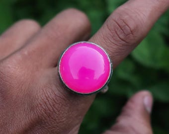 Pink Chalcedony Ring-Hot Pink Chalcedony Ring  - Pink Stone Ring- Chalcedony Jewelry - 925 Sterling Silver Ring-Women&#39;s Ring - Bezel Ring.