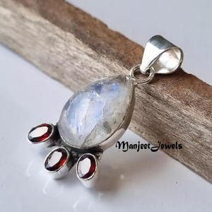 Blue Fire Moonstone With Cut Red Garnet Pendant, 925 Silver Pendant, New Designer Pendant, Women Pendant, Unique Pendant, Christmas Gift
