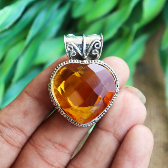 Natural Citrine Pendant, 925 Sterling Silver Pendant, Heart Shape